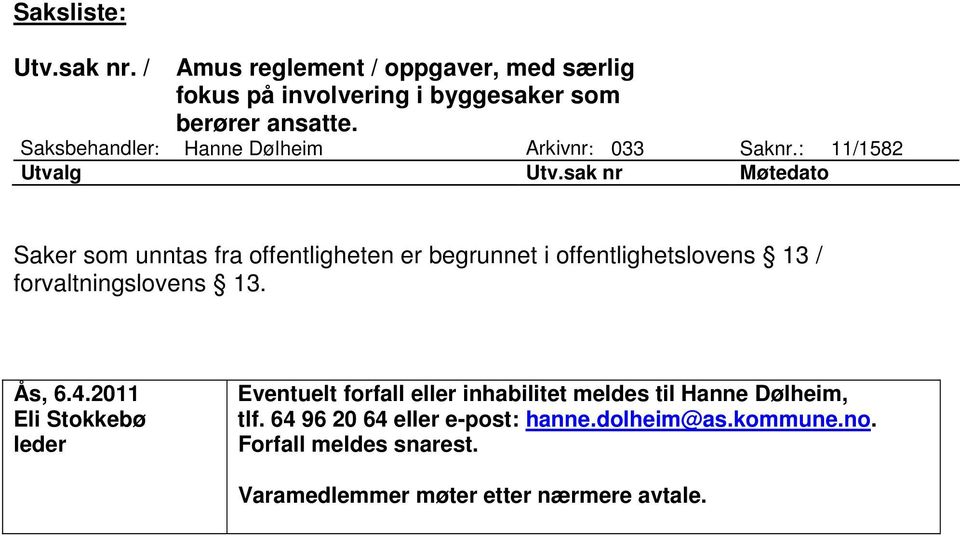 sak nr Møtedato Saker som unntas fra offentligheten er begrunnet i offentlighetslovens 13 / forvaltningslovens 13. Ås, 6.4.