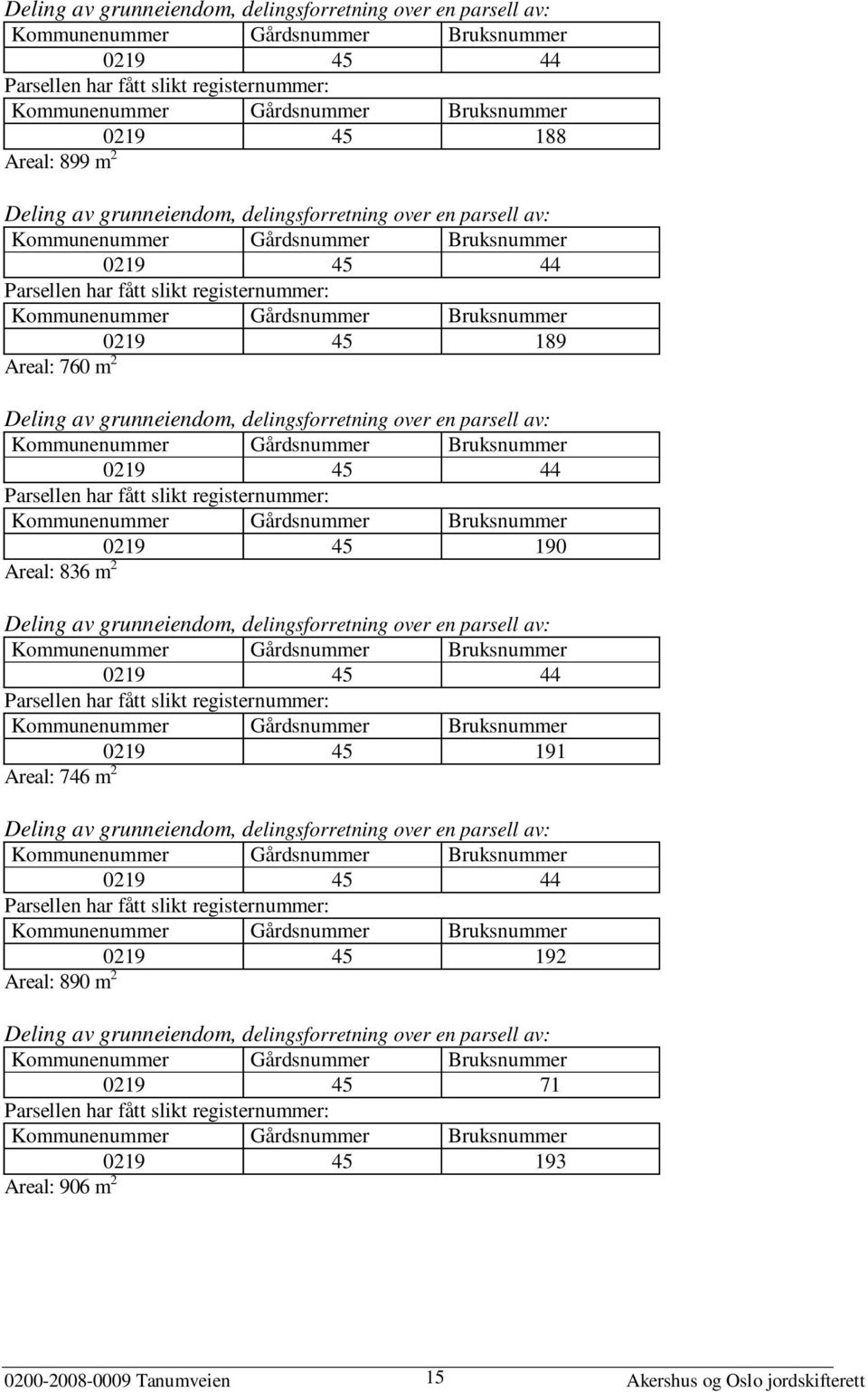0219 45 190 Areal: 836 m 2 Deling av grunneiendom, delingsforretning over en parsell av: 0219 45 44 Parsellen har fått slikt registernummer: 0219 45 191 Areal: 746 m 2 Deling av grunneiendom,