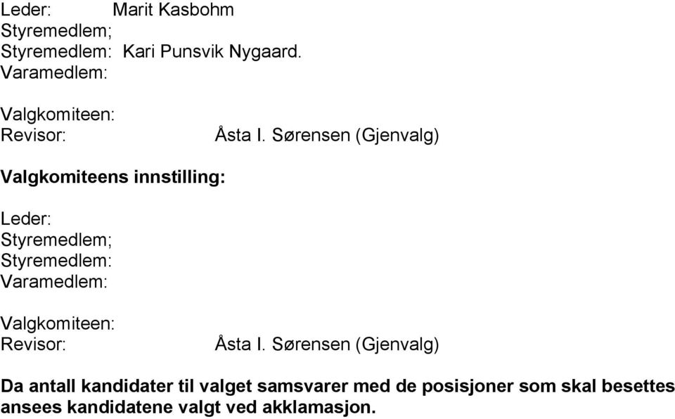 Sørensen (Gjenvalg) Valgkomiteens innstilling: Leder: Styremedlem; Styremedlem:  Sørensen