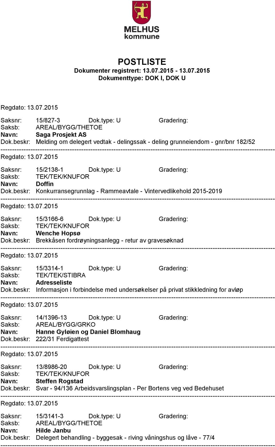 beskr: Brekkåsen fordrøyningsanlegg - retur av gravesøknad Saksnr: 15/3314-1 Dok.type: U Gradering: Saksb: TEK/TEK/STIBRA Navn: Adresseliste Dok.