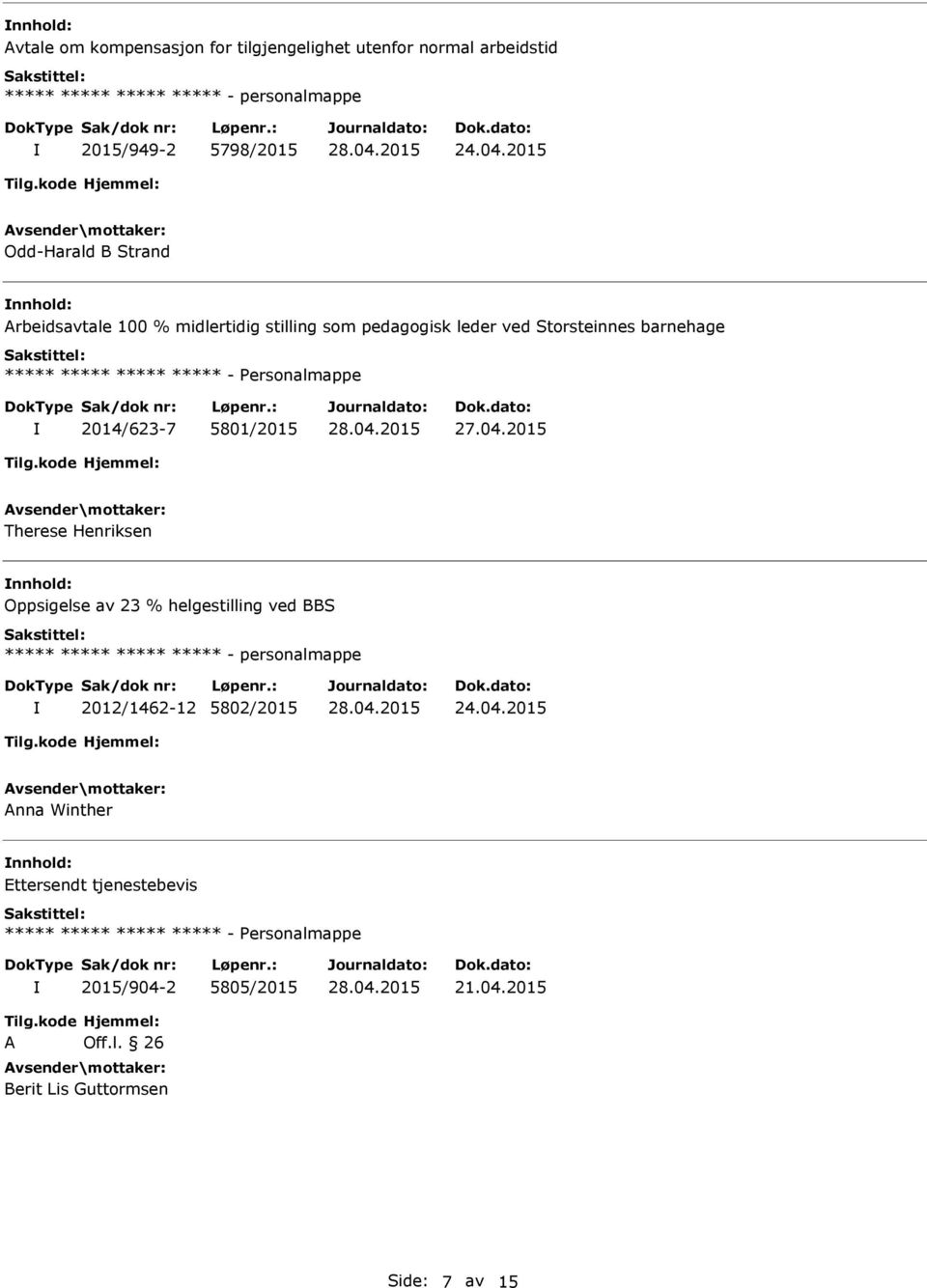 2014/623-7 5801/2015 Therese Henriksen Oppsigelse av 23 % helgestilling ved BBS 2012/1462-12 5802/2015