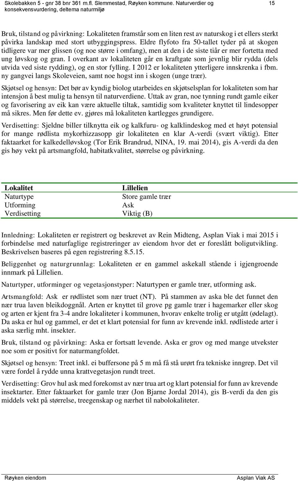 I overkant av lokaliteten går en kraftgate som jevnlig blir rydda (dels utvida ved siste rydding), og en stor fylling. I 2012 er lokaliteten ytterligere innskrenka i fbm.