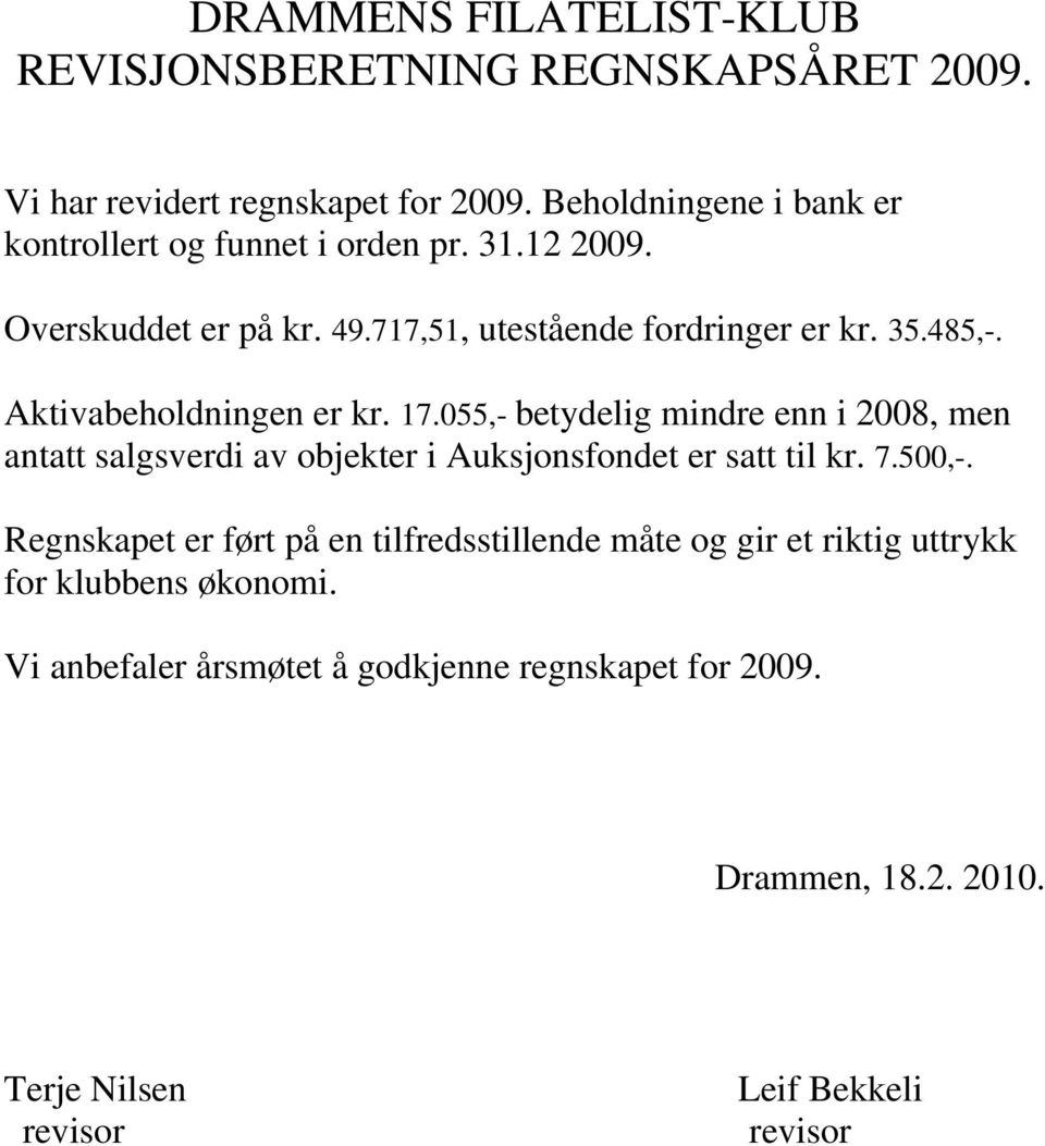 Aktivabeholdningen er kr. 17.055,- betydelig mindre enn i 2008, men antatt salgsverdi av objekter i Auksjonsfondet er satt til kr. 7.500,-.