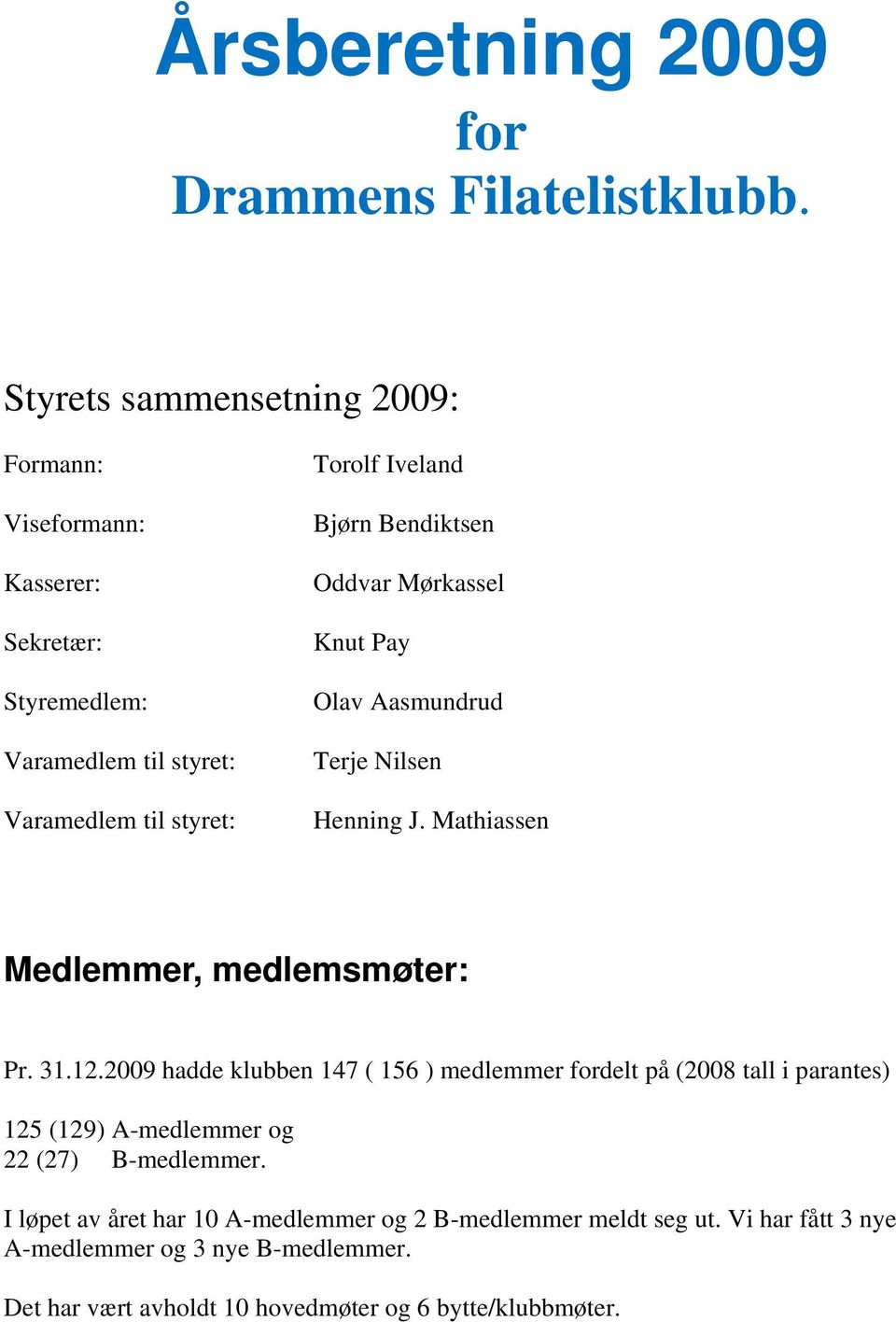 Bendiktsen Oddvar Mørkassel Knut Pay Olav Aasmundrud Terje Nilsen Henning J. Mathiassen Medlemmer, medlemsmøter: Pr. 31.12.