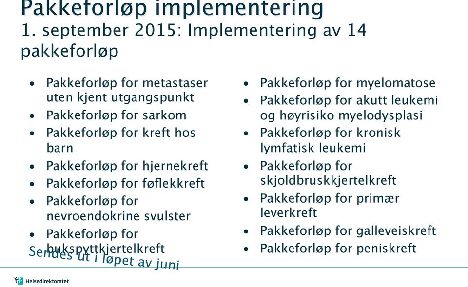 barn Pakkeforløp for hjernekreft Pakkeforløp for føflekkreft Pakkeforløp for nevroendokrine svulster Pakkeforløp for bukspyttkjertelkreft Sendes ut i