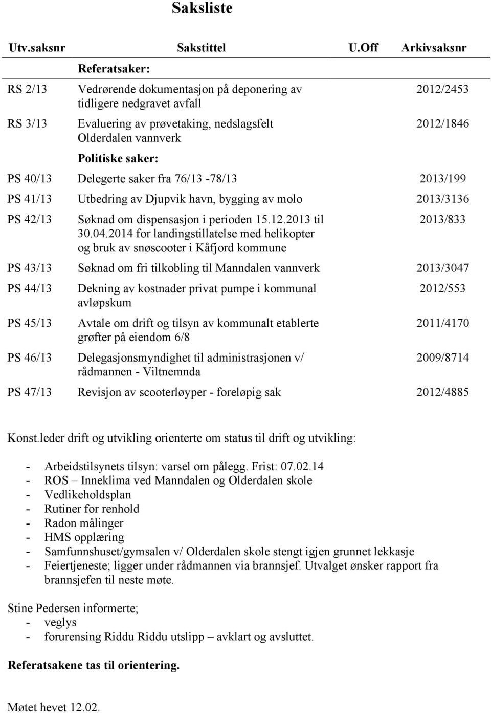 2012/2453 2012/1846 PS 40/13 Delegerte saker fra 76/13-78/13 2013/199 PS 41/13 Utbedring av Djupvik havn, bygging av molo 2013/3136 PS 42/13 Søknad om dispensasjon i perioden 15.12.2013 til 30.04.