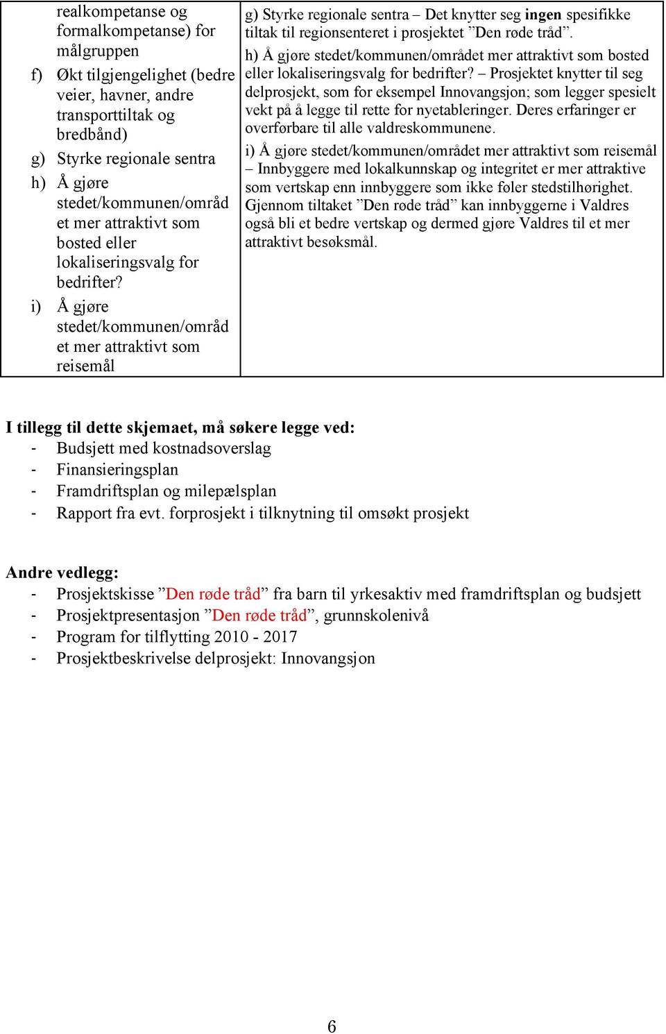 i) Å gjøre stedet/kommunen/områd et mer attraktivt som reisemål g) Styrke regionale sentra Det knytter seg ingen spesifikke tiltak til regionsenteret i prosjektet Den røde tråd.