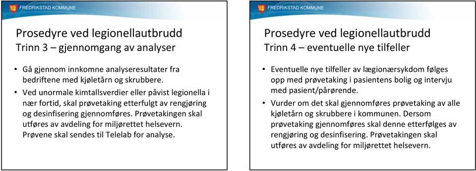 Prøvetakingen skal utføres av avdeling for miljørettet helsevern. Prøvene skal sendes til Telelab for analyse.