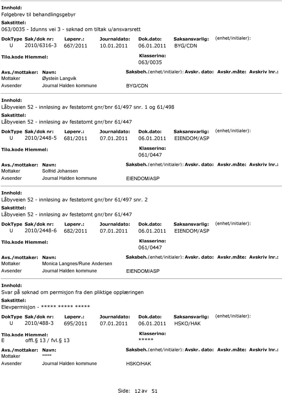 /mottaker: Navn: Saksbeh. Avskr. dato: Avskr.måte: Avskriv lnr.: Solfrid Johansen INDOM/ASP Låbyveien 52 - innløsing av festetomt gnr/bnr 61/497 snr.