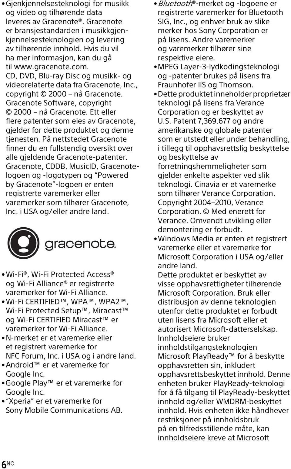 Gracenote Software, copyright 2000 nå Gracenote. Ett eller flere patenter som eies av Gracenote, gjelder for dette produktet og denne tjenesten.