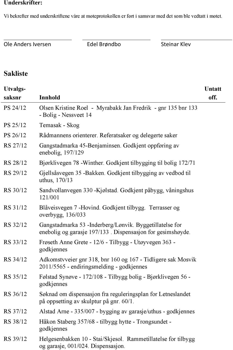 Temasak - Skog Rådmannens orienterer. Referatsaker og delegerte saker Gangstadmarka 45-Benjaminsen. Godkjent oppføring av enebolig, 197/129 RS 28/12 Bjørklivegen 78 -Winther.