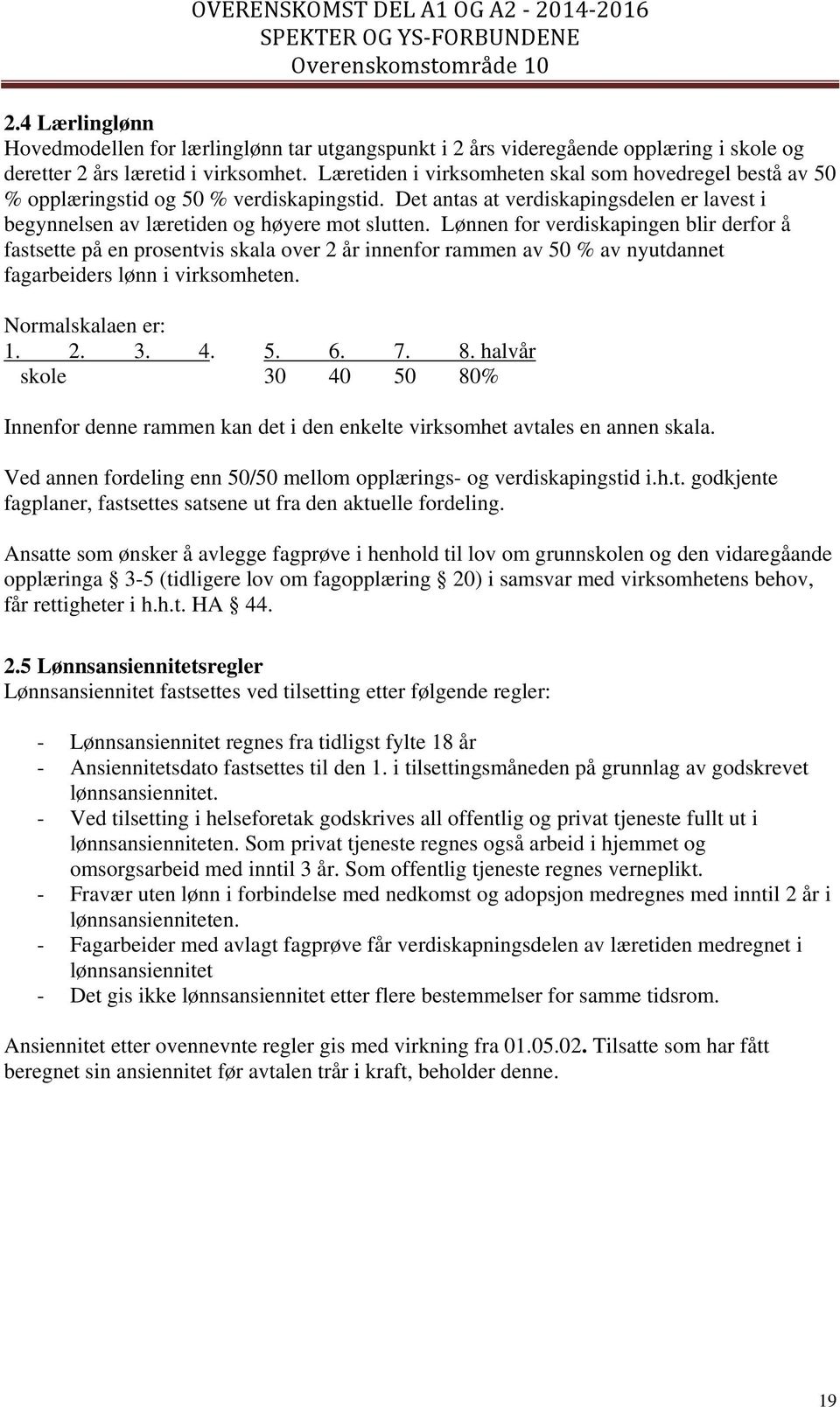 Lønnen for verdiskapingen blir derfor å fastsette på en prosentvis skala over 2 år innenfor rammen av 50 % av nyutdannet fagarbeiders lønn i virksomheten. Normalskalaen er: 1. 2. 3. 4. 5. 6. 7. 8.