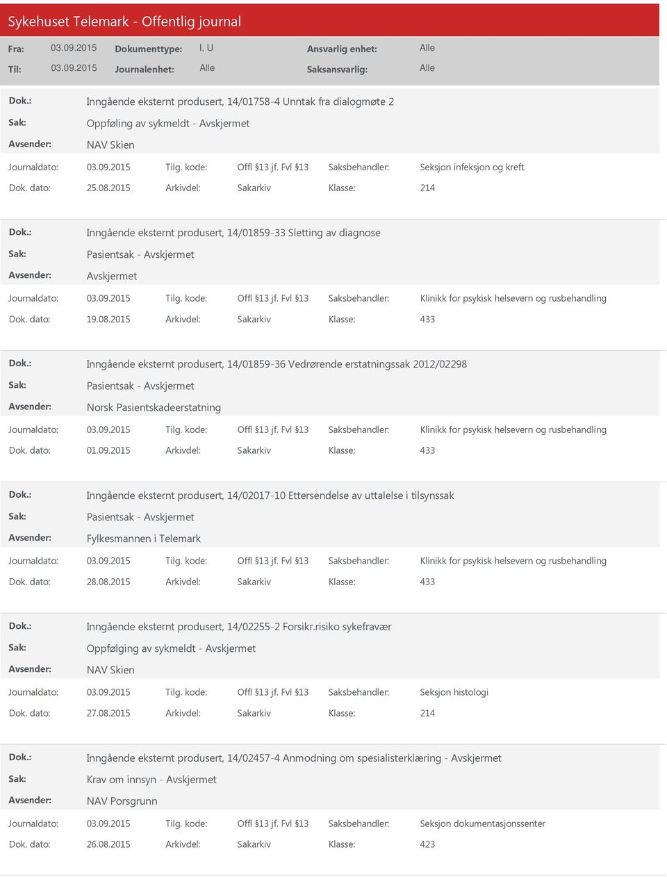 2015 Arkivdel: Sakarkiv 433 Inngående eksternt produsert, 14/01859-36 Vedrørende erstatningssak 2012/02298 Pasientsak - Norsk Pasientskadeerstatning Klinikk for psykisk helsevern og rusbehandling Dok.