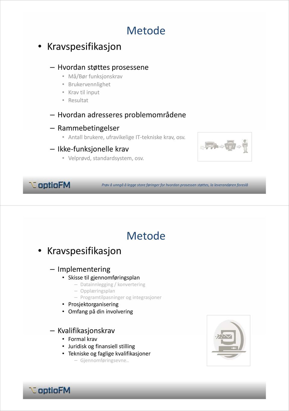 Prøv å unngå å legge store føringer for hvordan prosessen støttes, la leverandøren foreslå Kravspesifikasjon Metode Implementering Skisse til gjennomføringsplan