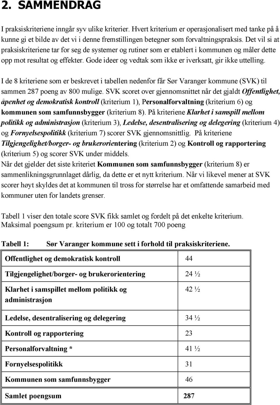 Gode ideer og vedtak som ikke er iverksatt, gir ikke uttelling. I de 8 kriteriene som er beskrevet i tabellen nedenfor får Sør Varanger kommune (SVK) til sammen 287 poeng av 800 mulige.