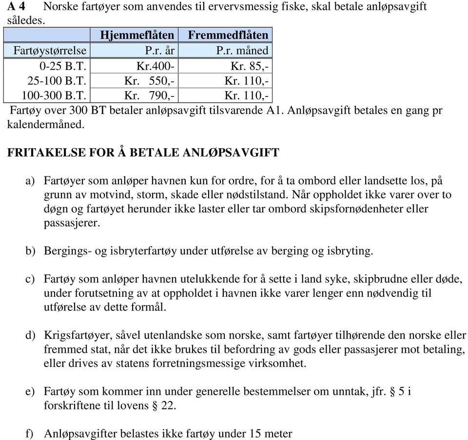 FRITAKELSE FOR Å BETALE ANLØPSAVGIFT a) Fartøyer som anløper havnen kun for ordre, for å ta ombord eller landsette los, på grunn av motvind, storm, skade eller nødstilstand.