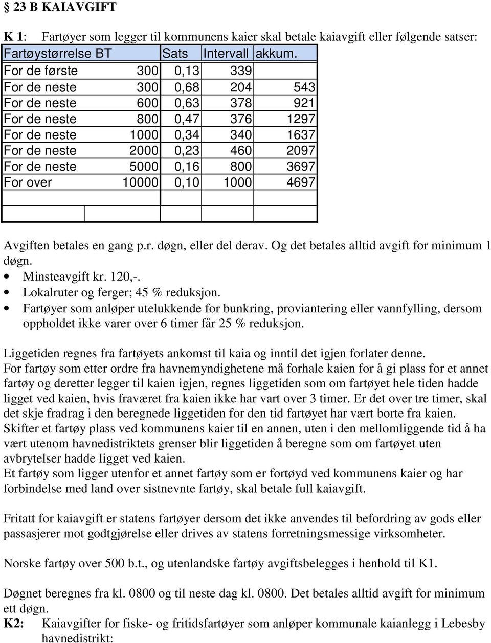 0,16 800 3697 For over 10000 0,10 1000 4697 Avgiften betales en gang p.r. døgn, eller del derav. Og det betales alltid avgift for minimum 1 døgn. Minsteavgift kr. 120,-.