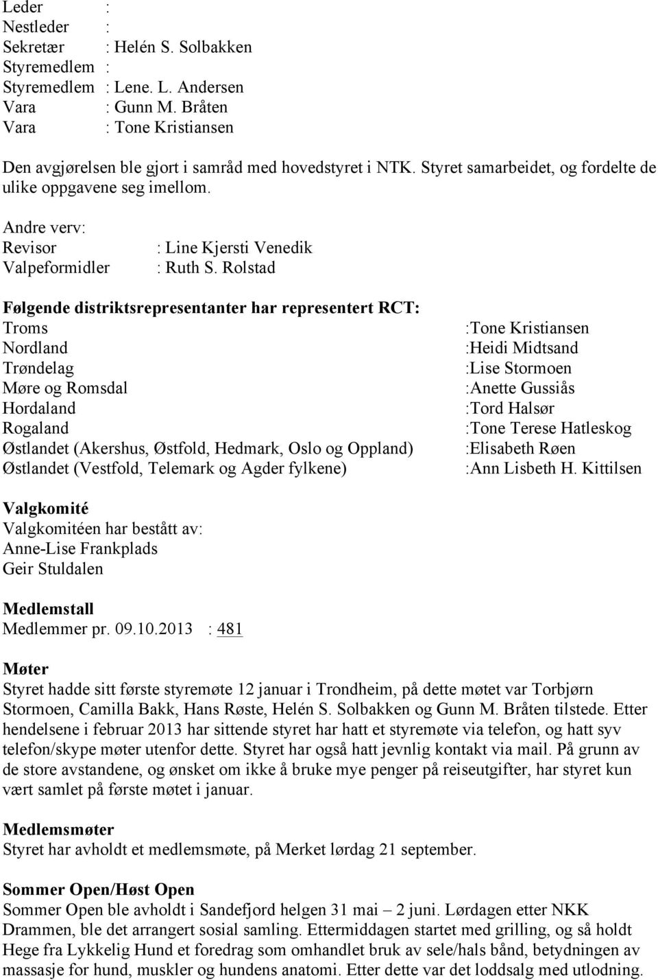 Rolstad Følgende distriktsrepresentanter har representert RCT: Troms Nordland Trøndelag Møre og Romsdal Hordaland Rogaland Østlandet (Akershus, Østfold, Hedmark, Oslo og Oppland) Østlandet (Vestfold,