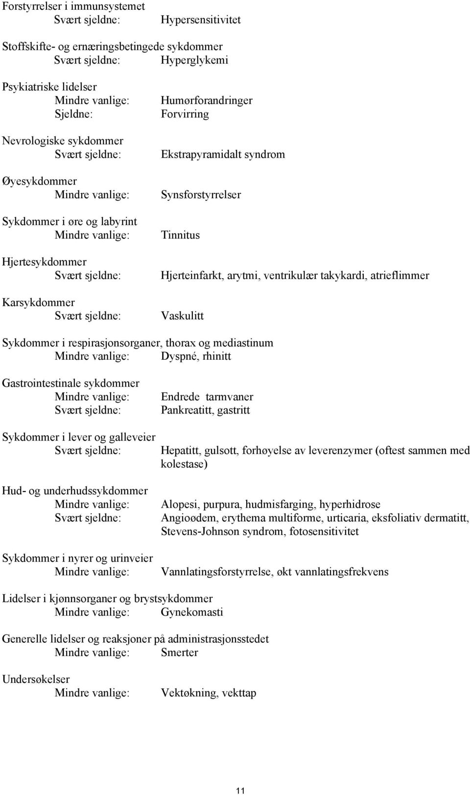 Ekstrapyramidalt syndrom Synsforstyrrelser Tinnitus Hjerteinfarkt, arytmi, ventrikulær takykardi, atrieflimmer Vaskulitt Sykdommer i respirasjonsorganer, thorax og mediastinum Mindre vanlige: Dyspné,