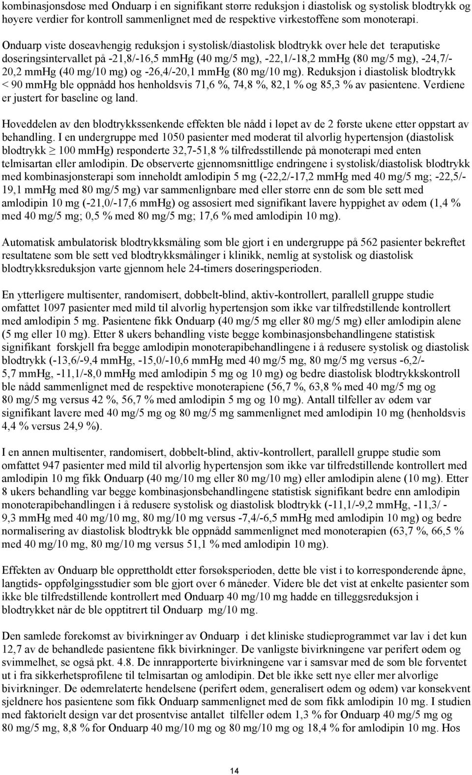 (40 mg/10 mg) og -26,4/-20,1 mmhg (80 mg/10 mg). Reduksjon i diastolisk blodtrykk < 90 mmhg ble oppnådd hos henholdsvis 71,6 %, 74,8 %, 82,1 % og 85,3 % av pasientene.