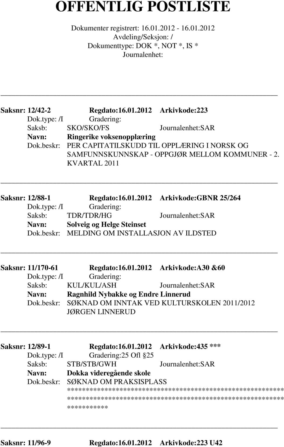 beskr: MELDING OM INSTALLASJON AV ILDSTED Saksnr: 11/170-61 Regdato:16.01.2012 Arkivkode:A30 &60 Saksb: KUL/KUL/ASH SAR Ragnhild Nybakke og Endre Linnerud Dok.