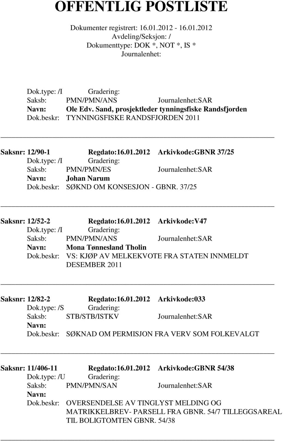 beskr: VS: KJØP AV MELKEKVOTE FRA STATEN INNMELDT DESEMBER 2011 Saksnr: 12/82-2 Regdato:16.01.2012 Arkivkode:033 Dok.type: /S Gradering: Saksb: STB/STB/ISTKV SAR Dok.