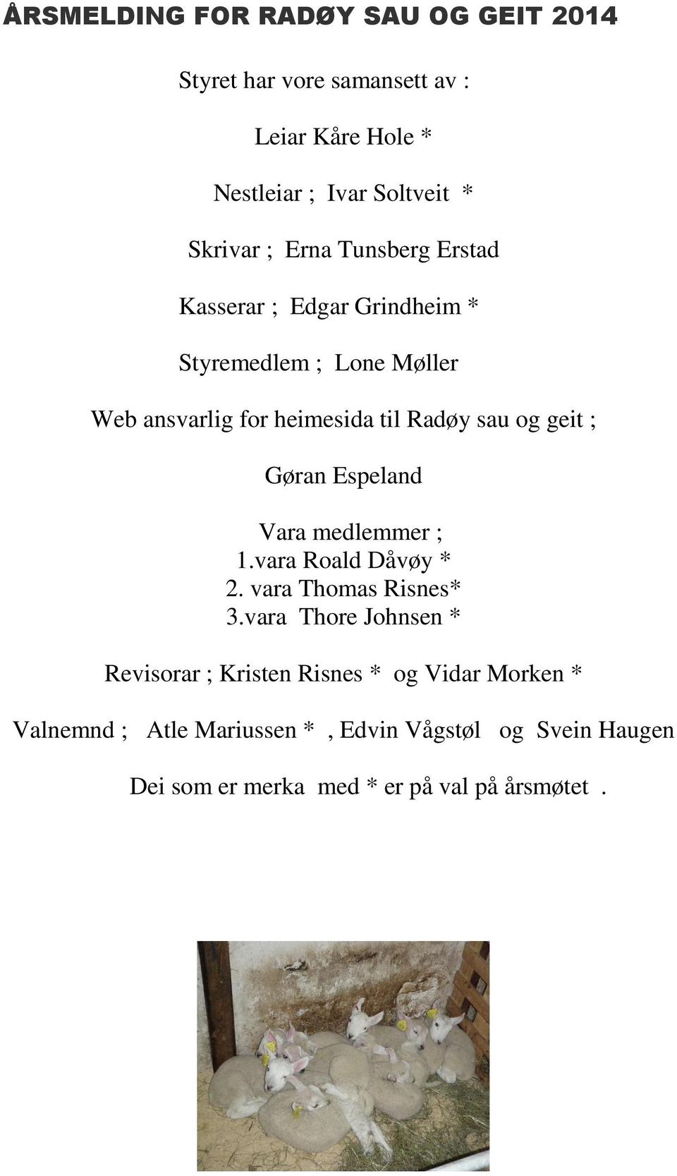 ; Gøran Espeland Vara medlemmer ; 1.vara Roald Dåvøy * 2. vara Thomas Risnes* 3.