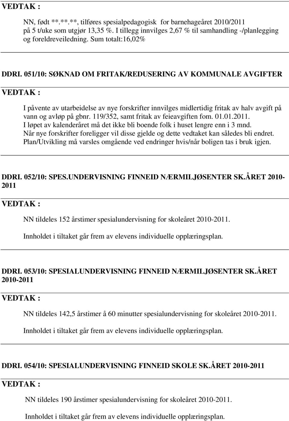 119/352, samt fritak av feieavgiften fom. 01.01.2011. I løpet av kalenderåret må det ikke bli boende folk i huset lengre enn i 3 mnd.