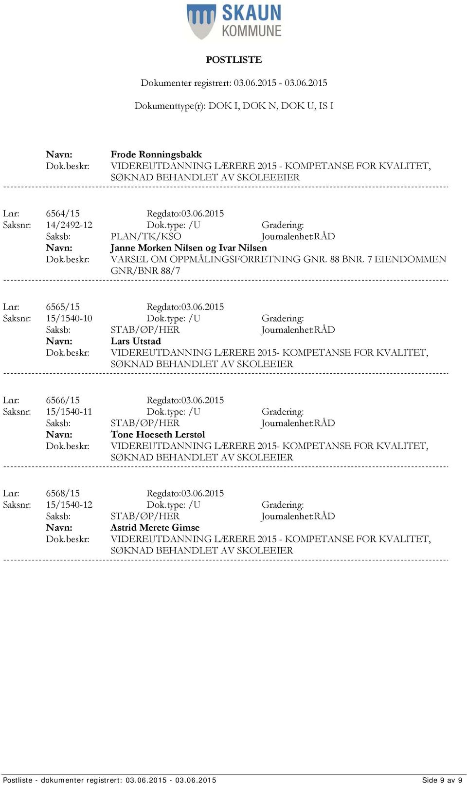 type: /U Gradering: Lars Utstad VIDEREUTDANNING LÆRERE 2015- KOMPETANSE FOR KVALITET, SØKNAD BEHANDLET AV SKOLEEIER Lnr: 6566/15 Regdato:03.06.2015 Saksnr: 15/1540-11 Dok.