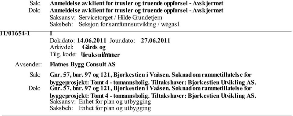 57, bnr. 97 og 121, Bjørkestien i Vaåsen. Søknad om rammetillatelse for byggeprosjekt: Tomt 4 - tomannsbolig. Tiltakshaver: Bjørkestien Utvikling AS. Gnr.