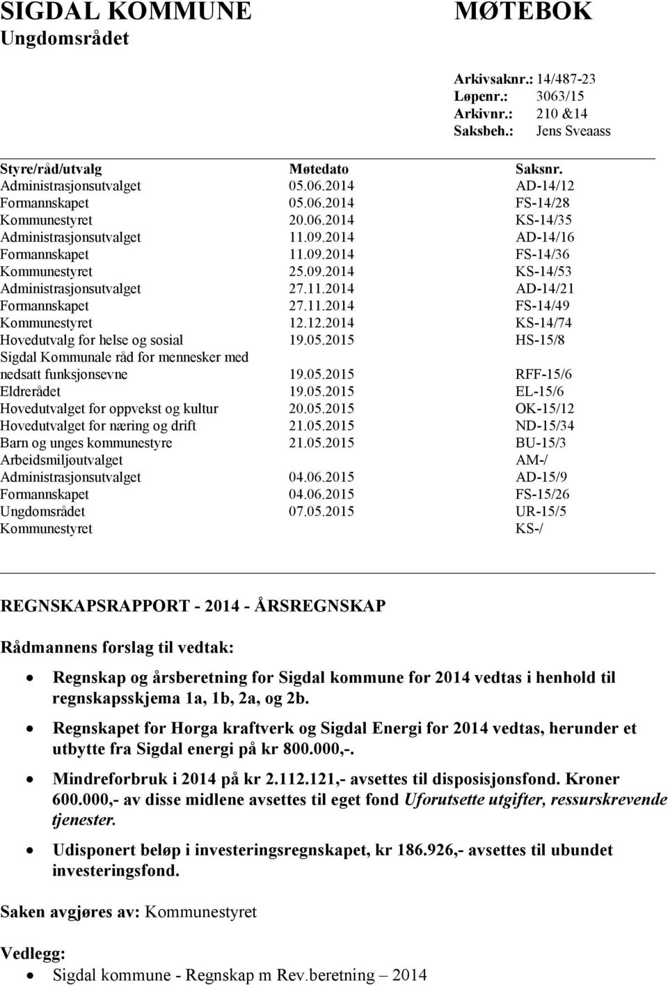 11.2014 FS-14/49 Kommunestyret 12.12.2014 KS-14/74 Hovedutvalg for helse og sosial 19.05.2015 HS-15/8 Sigdal Kommunale råd for mennesker med nedsatt funksjonsevne 19.05.2015 RFF-15/6 Eldrerådet 19.05.2015 EL-15/6 Hovedutvalget for oppvekst og kultur 20.