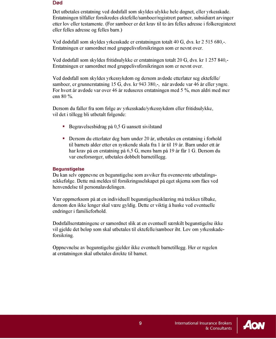 (For samboer er det krav til to års felles adresse i folkeregisteret eller felles adresse og felles barn.) Ved dødsfall som skyldes yrkesskade er erstatningen totalt 40 G, dvs. kr 2 515 680,-.