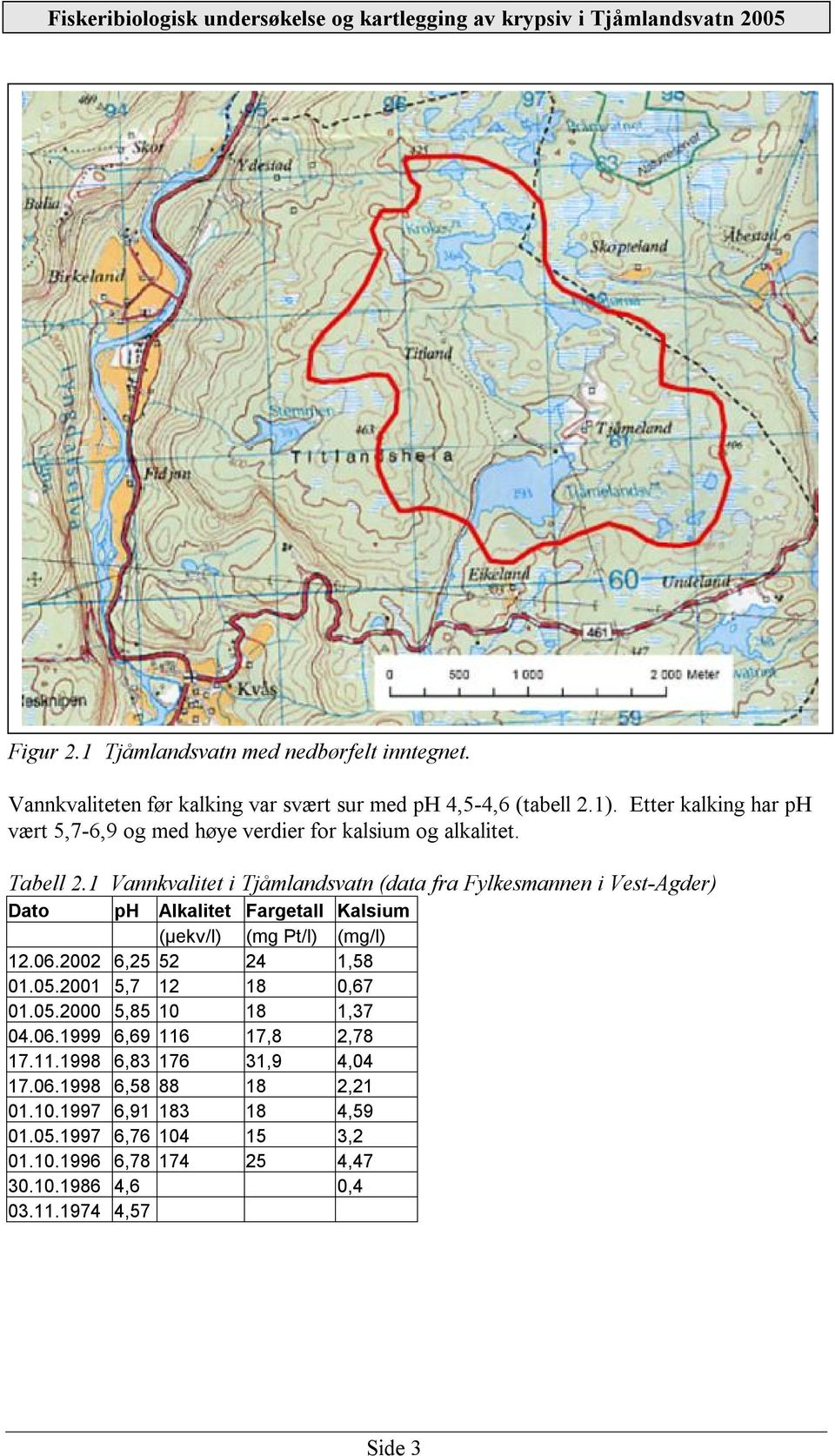 1 Vannkvalitet i Tjåmlandsvatn (data fra Fylkesmannen i Vest-Agder) Dato ph Alkalitet Fargetall Kalsium (µekv/l) (mg Pt/l) (mg/l) 12.06.2002 6,25 52 24 1,58 01.05.