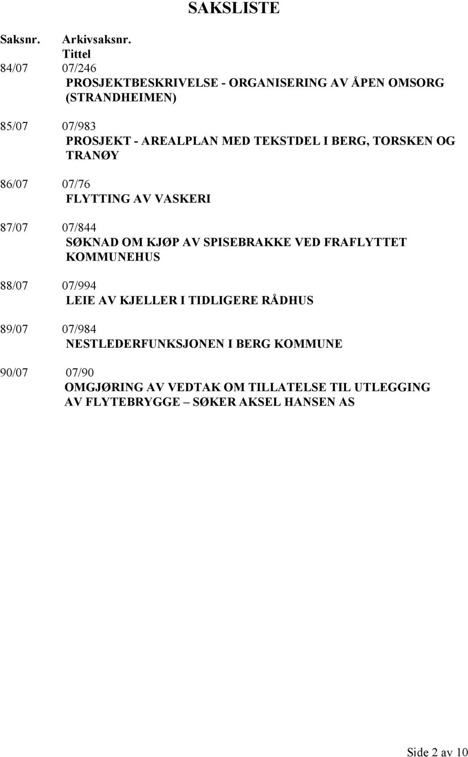 TEKSTDEL I BERG, TORSKEN OG TRANØY 86/07 07/76 FLYTTING AV VASKERI 87/07 07/844 SØKNAD OM KJØP AV SPISEBRAKKE VED