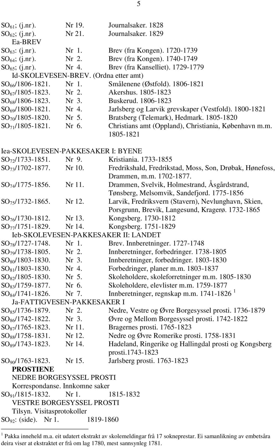 Nr 3. Buskerud. 1806-1823 SO 69 /1800-1821. Nr 4. Jarlsberg og Larvik grevskaper (Vestfold). 1800-1821 SO 70 /1805-1820. Nr 5. Bratsberg (Telemark), Hedmark. 1805-1820 SO 71 /1805-1821. Nr 6.