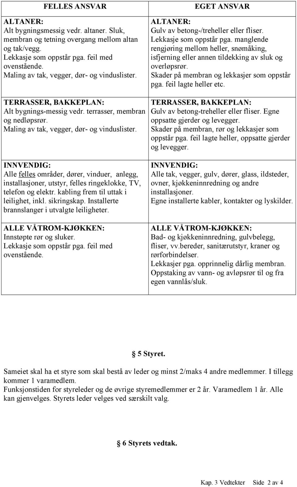 INNVENDIG: Alle felles områder, dører, vinduer, anlegg, installasjoner, utstyr, felles ringeklokke, TV, telefon og elektr. kabling frem til uttak i leilighet, inkl. sikringskap.