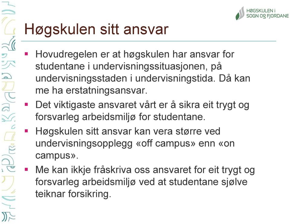 Det viktigaste ansvaret vårt er å sikra eit trygt og forsvarleg arbeidsmiljø for studentane.