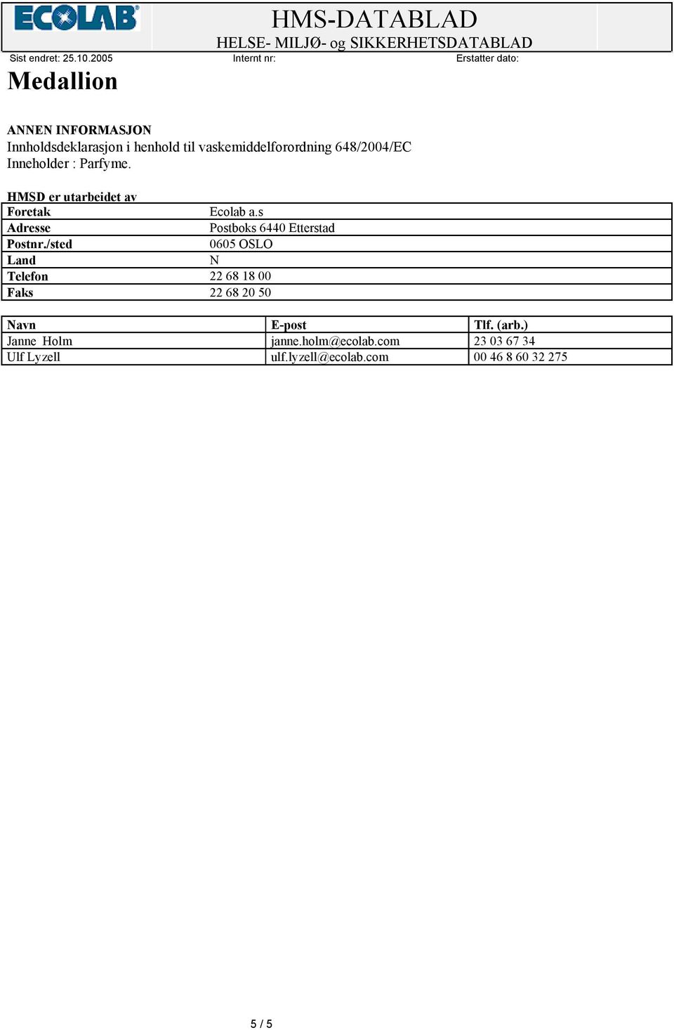 /sted 0605 OSLO Land N Telefon 22 68 18 00 Faks 22 68 20 50 Navn E-post Tlf. (arb.