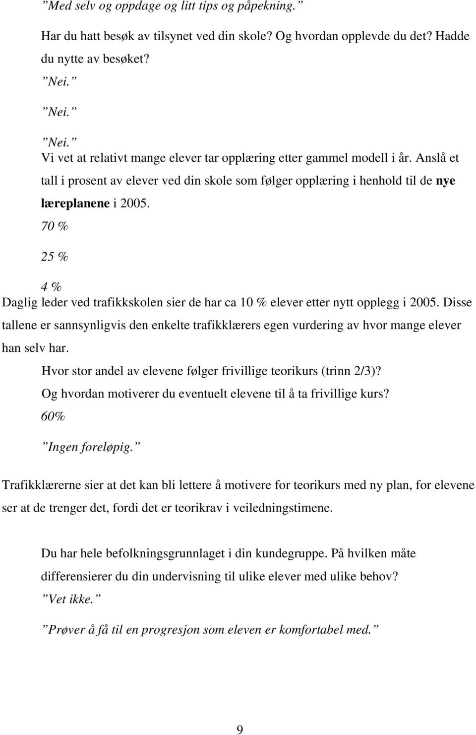 70 % 25 % 4 % Daglig leder ved trafikkskolen sier de har ca 10 % elever etter nytt opplegg i 2005.