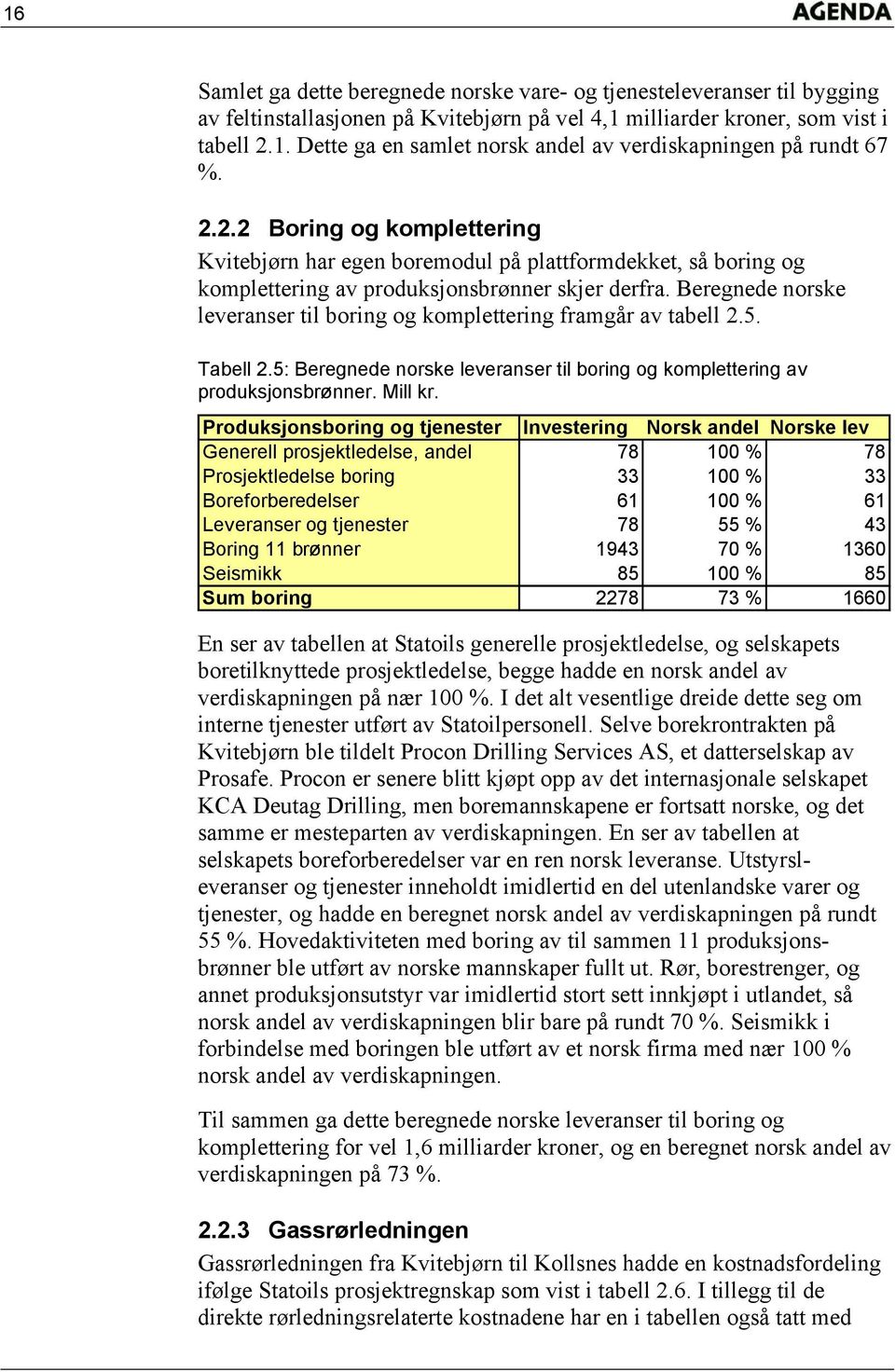 Beregnede norske leveranser til boring og komplettering framgår av tabell 2.5. Tabell 2.5: Beregnede norske leveranser til boring og komplettering av produksjonsbrønner. Mill kr.