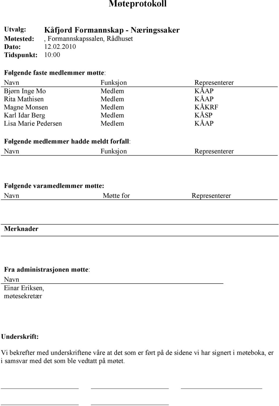 Berg Medlem KÅSP Lisa Marie Pedersen Medlem KÅAP Følgende medlemmer hadde meldt forfall: Navn Funksjon Representerer Følgende varamedlemmer møtte: Navn Møtte for