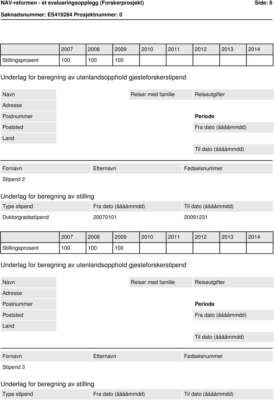 Doktorgradsstipend 20070101 20091231 2007 2008 2009 2010 2011 2012 2013 2014 Stillingsprosent 100 100 100 Underlag for beregning av utenlandsopphold gjesteforskerstipend Navn Reiser med familie