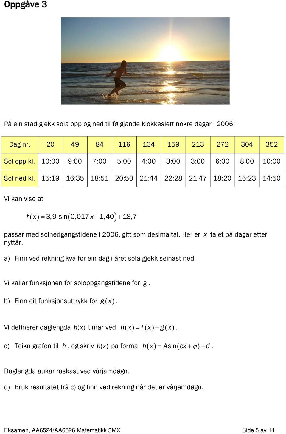 15:19 16:35 18:51 20:50 21:44 22:28 21:47 18:20 16:23 14:50 Vi kan vise at ( ) ( x ) f x = 3,9 sin 0,017 1,40 + 18,7 passar med solnedgangstidene i 2006, gitt som desimaltal.