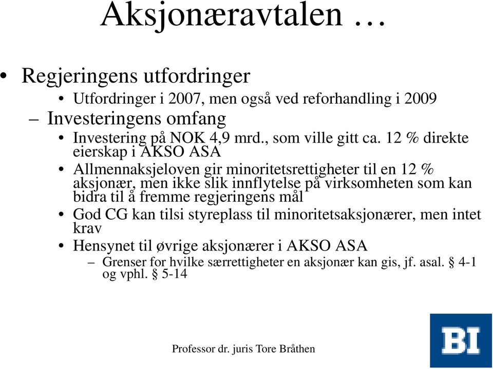 12 % direkte eierskap i AKSO ASA Allmennaksjeloven gir minoritetsrettigheter til en 12 % aksjonær, men ikke slik innflytelse på