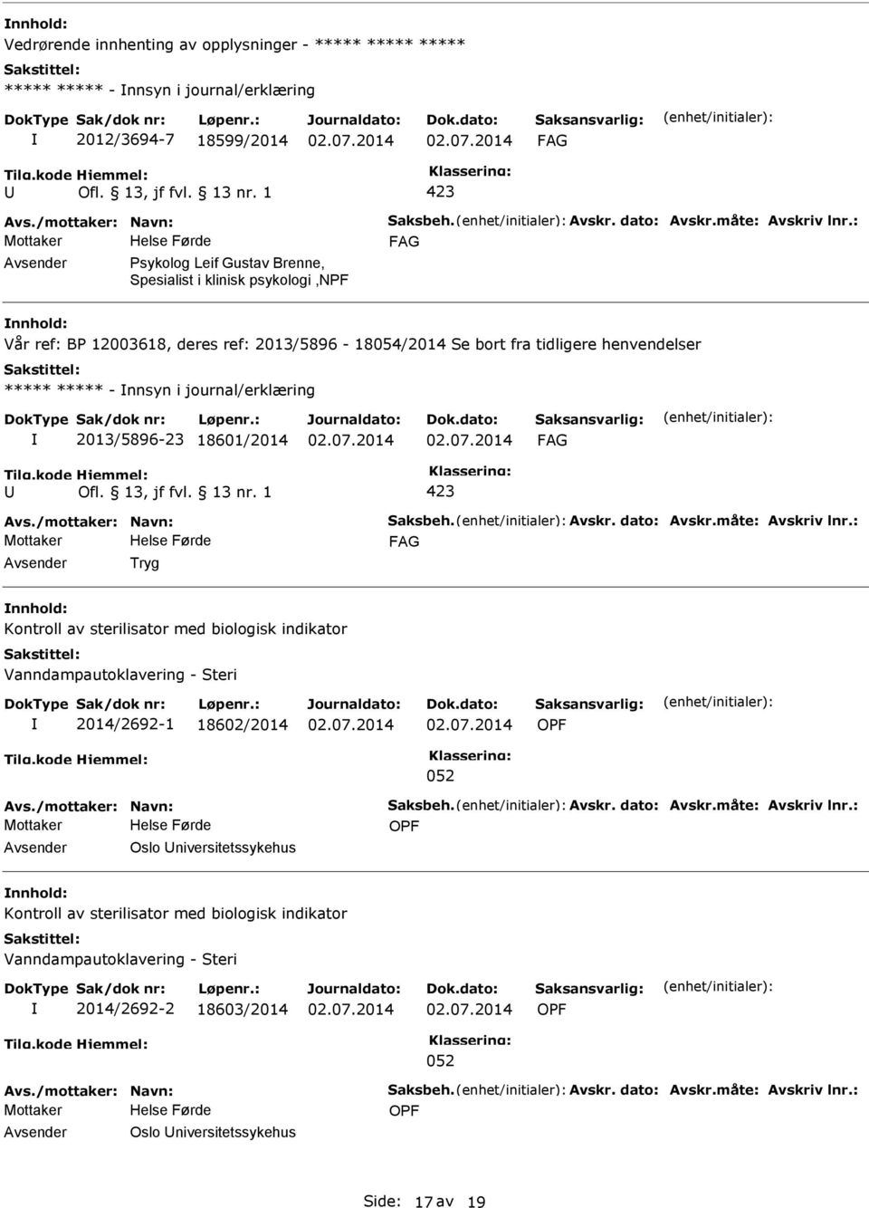 journal/erklæring 2013/5896-23 18601/2014 Tryg Kontroll av sterilisator med biologisk indikator Vanndampautoklavering - Steri 2014/2692-1 18602/2014 OF 052