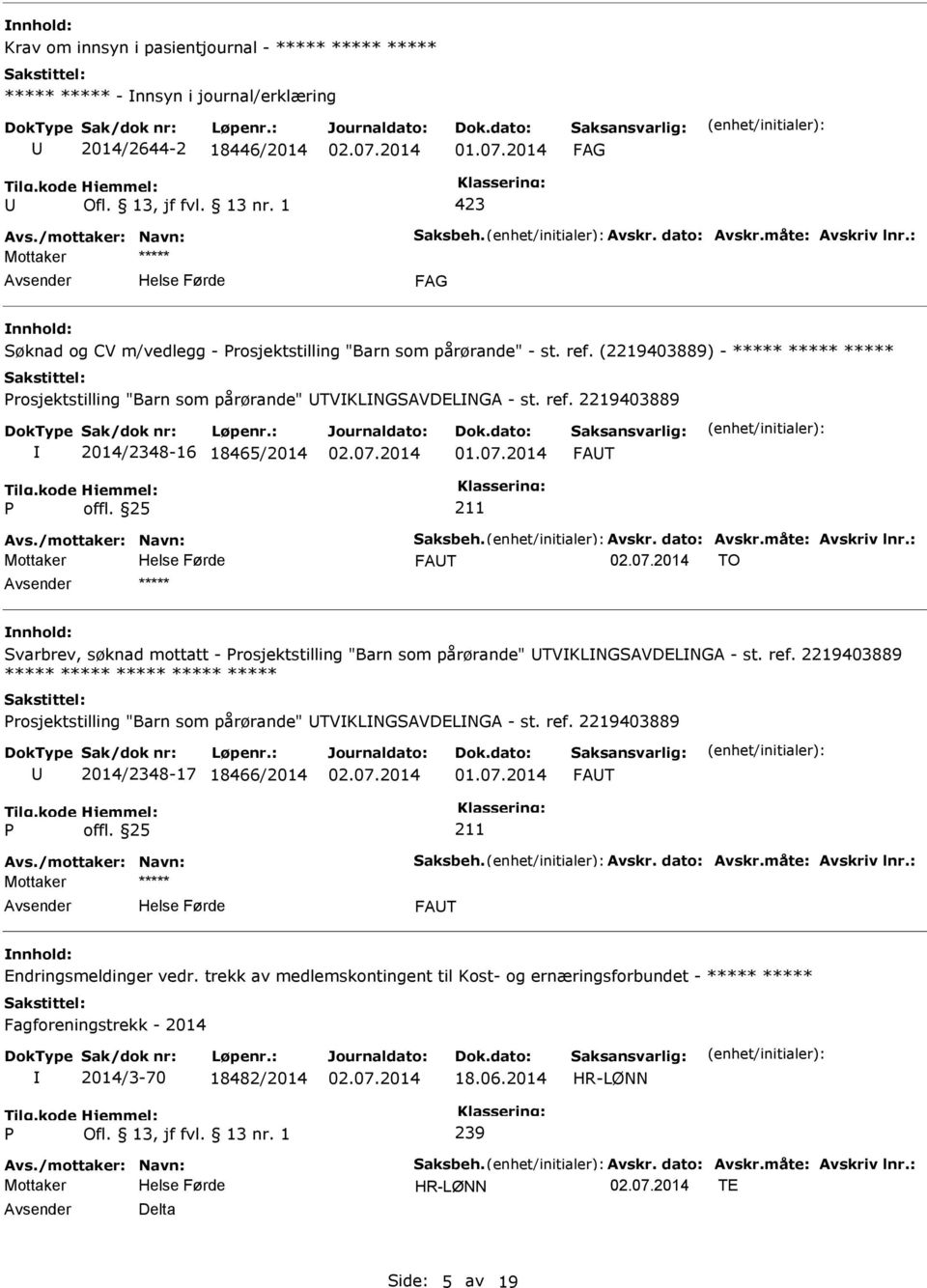 2219403889 2014/2348-16 18465/2014 FAT FAT TO ***** Svarbrev, søknad mottatt - rosjektstilling "Barn som pårørande" TVKLNGSAVDELNGA - st. ref.