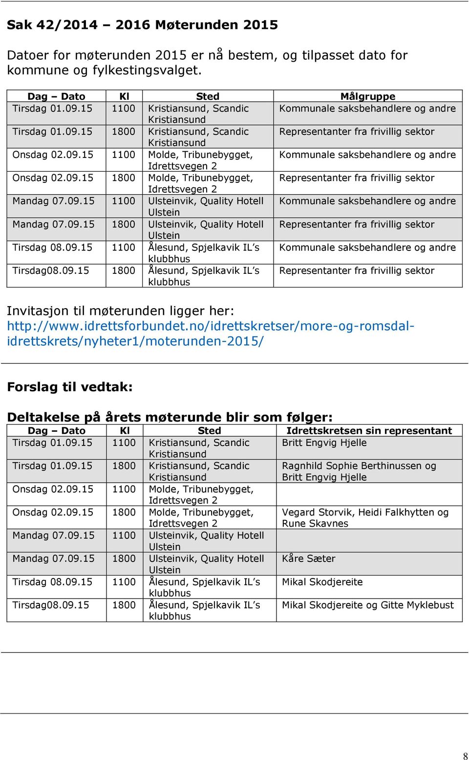 09.15 1800 Molde, Tribunebygget, Representanter fra frivillig sektor Idrettsvegen 2 Mandag 07.09.15 1100 vik, Quality Hotell Kommunale saksbehandlere og andre Mandag 07.09.15 1800 vik, Quality Hotell Representanter fra frivillig sektor Tirsdag 08.