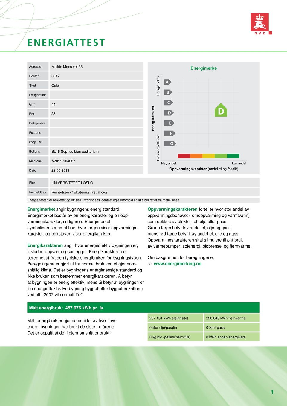 Bygningens identitet og eierforhold er ikke bekreftet fra Matrikkelen Energimerket angir bygningens energistandard. Energimerket består av en energikarakter og en opp- varmingskarakter, se figuren.