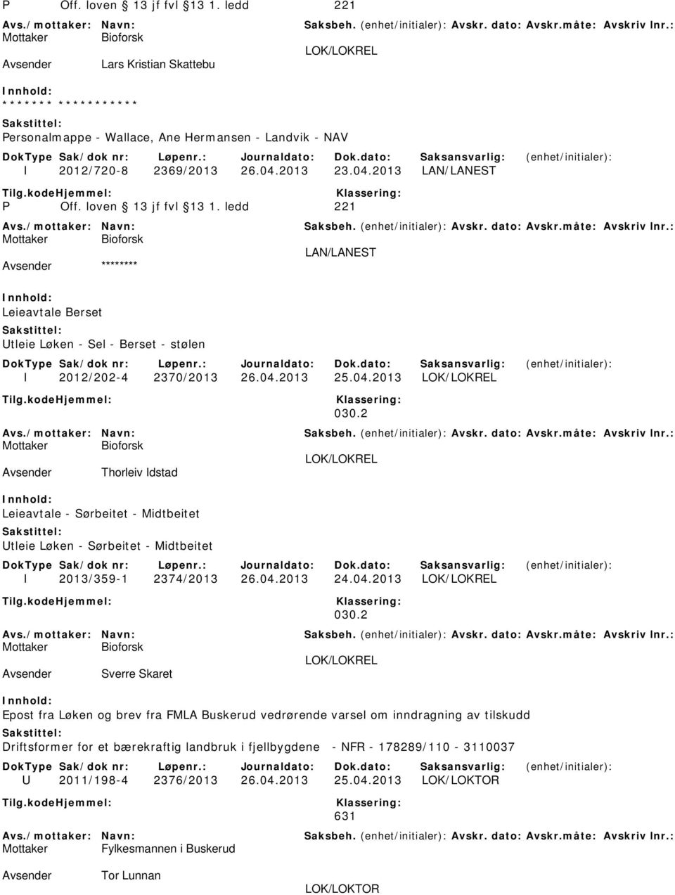 2 LOK/LOKREL Avsender Thorleiv Idstad Leieavtale - Sørbeitet - Midtbeitet Utleie Løken - Sørbeitet - Midtbeitet I 2013/359-1 2374/2013 26.04.2013 24.04.2013 LOK/LOKREL 030.