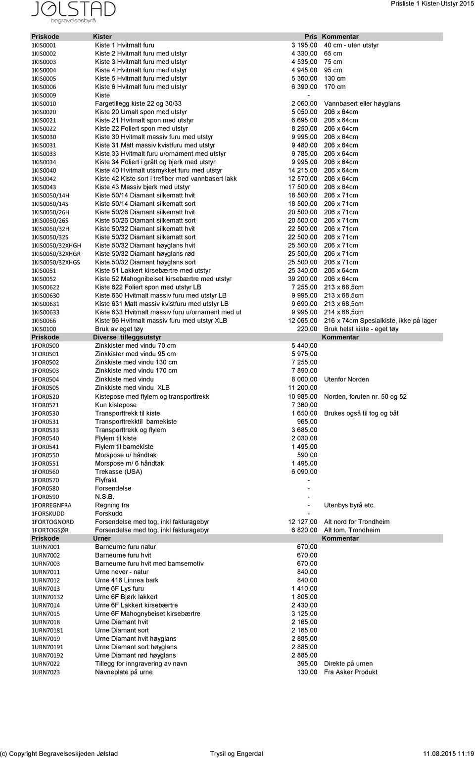 390,00 170 cm 1KIS0009 Kiste - - 1KIS0010 Fargetillegg kiste 22 og 30/33 2 060,00 Vannbasert eller høyglans 1KIS0020 Kiste 20 Umalt spon med utstyr 5 050,00 206 x 64cm 1KIS0021 Kiste 21 Hvitmalt spon